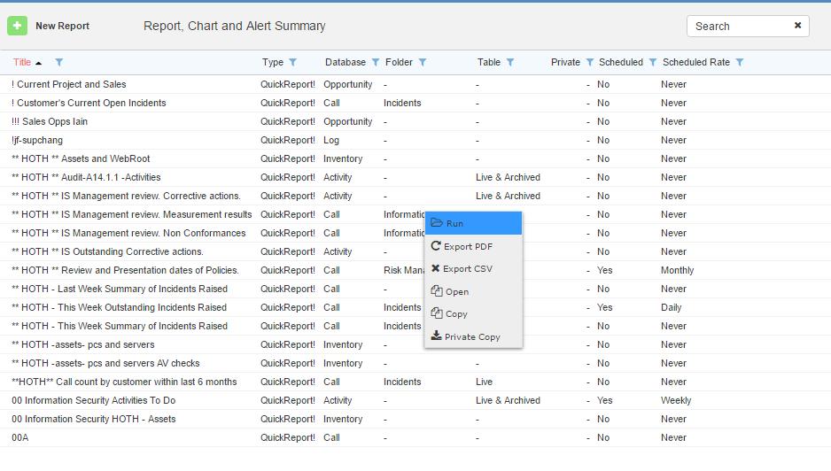 QuickReports Guide Use QuickReports to produce lists, summaries and charts from the data in SupportDesk. Reports are accessed from the QuickReports option in the menu topbar.