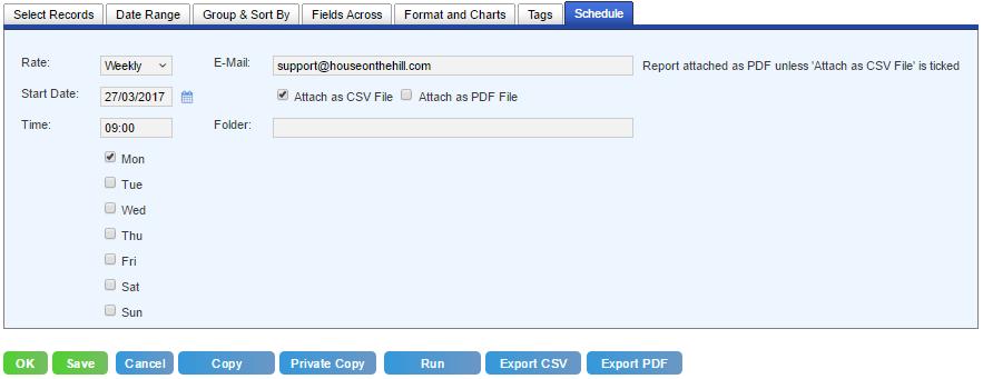 7. QuickReport Designer, Schedule Tab Rate Email Attach as CSV Attach as PDF Start Date & Time Days settings Folder Select the rate from the drop down.