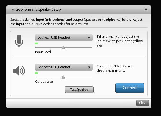 5 If you select the Headset option on the Audio Conference Info window, the next window to pop up will allow you to test your mic and headset volumes.
