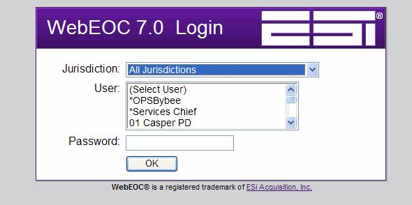 jurisdiction. Selecting a jurisdiction also sets the time zone for the user logging in to WebEOC.