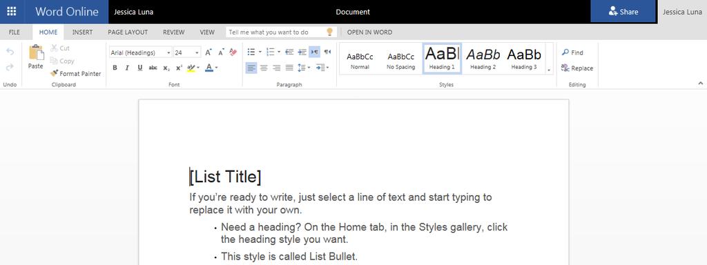 Word Online will open with whatever option was chosen on the previous screen (General notes was chosen for this example).