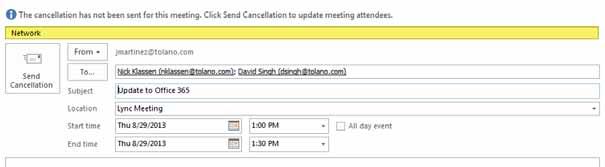 2 If you schedule a meeting where responses have been received, but the meeting is no longer needed, you can send a cancellation notice and have Outlook remove it from the calendar.