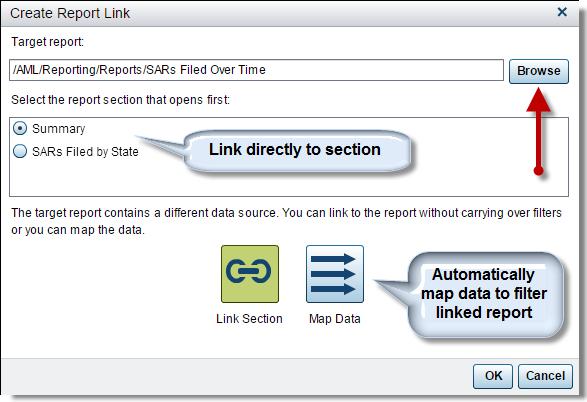 When designing a report, start off by selecting a report object and clicking the New button on the Interactions tab, then select Report Link as shown in Figure 4 below.