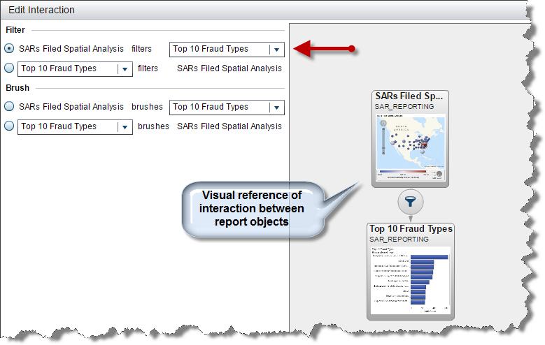 Not to be confused with the Interactions tab within the report designer, specific interactions can be defined for visualizations on a single report screen using the Interaction option shown in Figure
