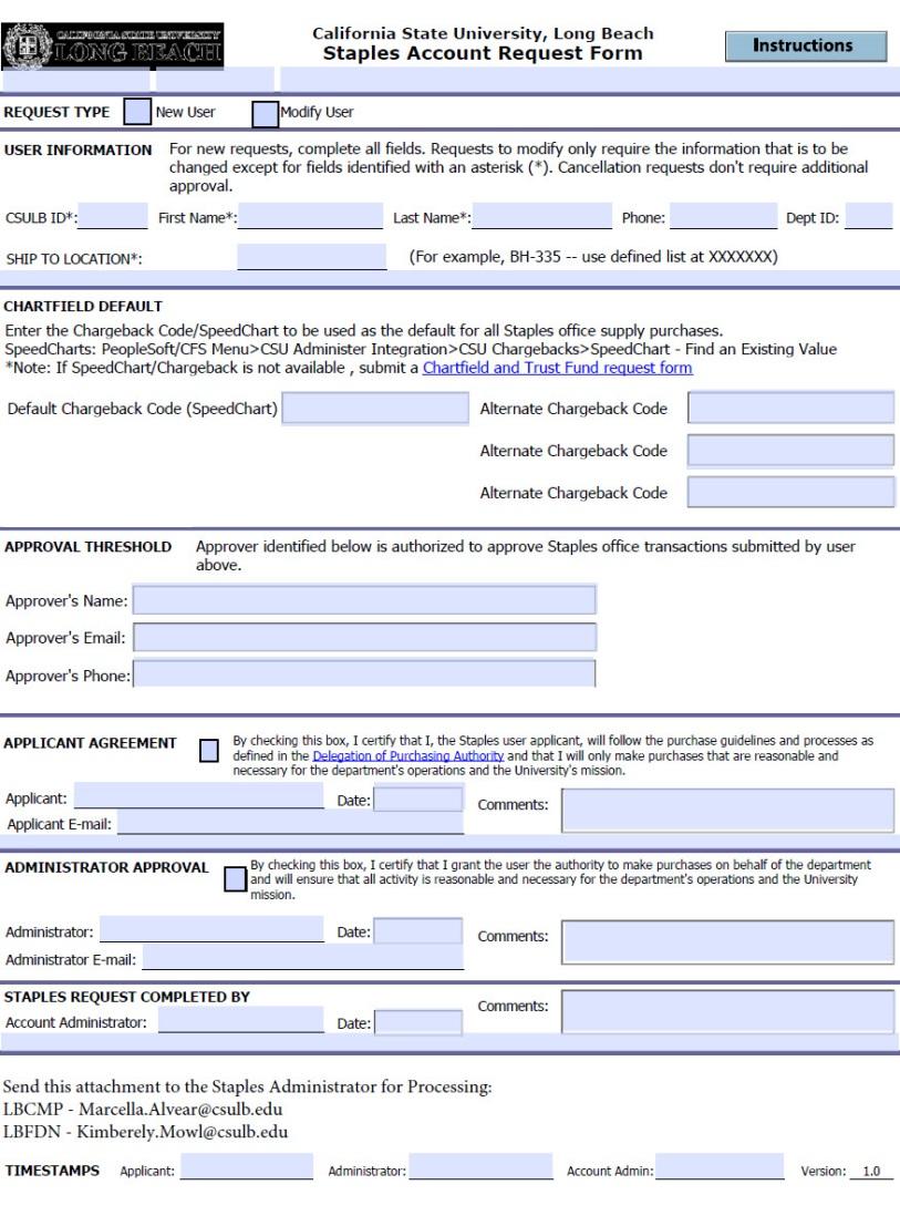 Staples Account Request Form If your default Speed Chart or Ship-To