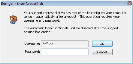 Automatic Log On Credentials: Reboot and Reconnect You can prompt your customer to enter a valid username and password which will allow you to reboot the remote computer and automatically log back