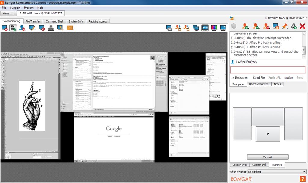 BOMGAR REMOTE SUPPORT REPRESENTATIVE GUIDE 18.2 Using the Displays Tab Select the Displays tab to see thumbnail images of all the displays attached to the remote computer.