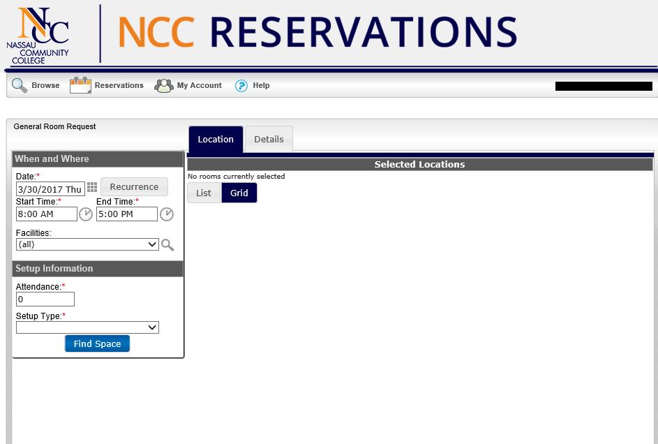 The NCC Reservations Room Request Page The Room Request page is organized into various sections to facilitate the reservation process a When and Where pane (the left pane of the window) and two tabs