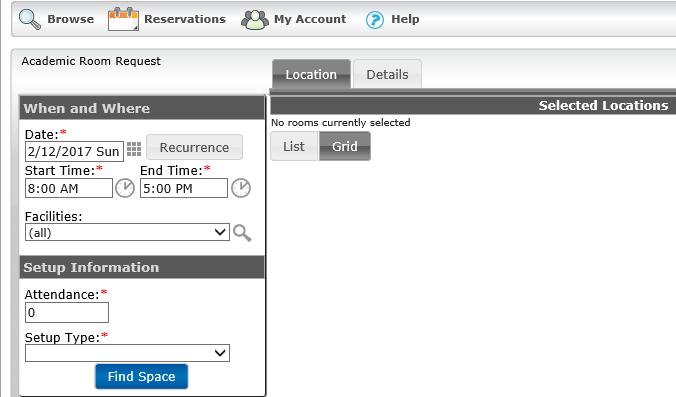 Steps to submit an online request for a room 1. Click the Reservations tab on the menu bar, and select a reservation option. The Room Request page opens. 2.