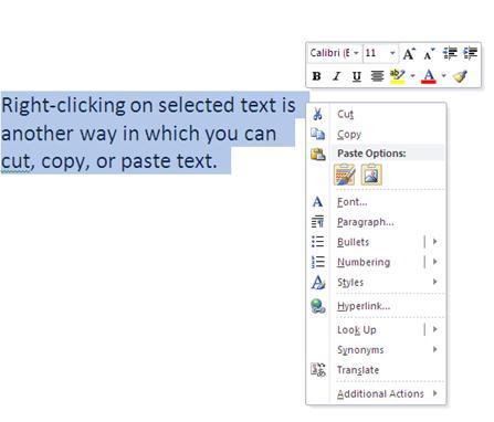Right-clicking on selected text launches the short-cut menu Cut a