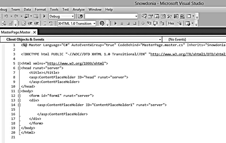 Chapter 5: Snowdonia 97 Visual Studio will create an HTML master page, ready for us to add our own code.