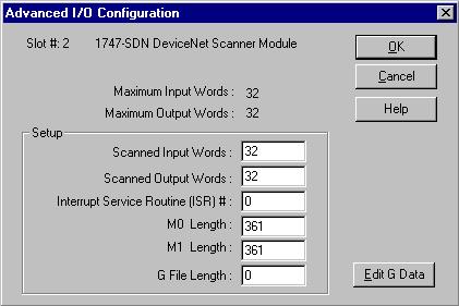 B-2 Configuring the M0/M1 Files Using RSLogix 500 4. Double-click on the 1747-SDN module. The Advanced I/O Configuration window will open. 5. Set the MO Length and the M1 Length to 361 (or greater) as shown above.