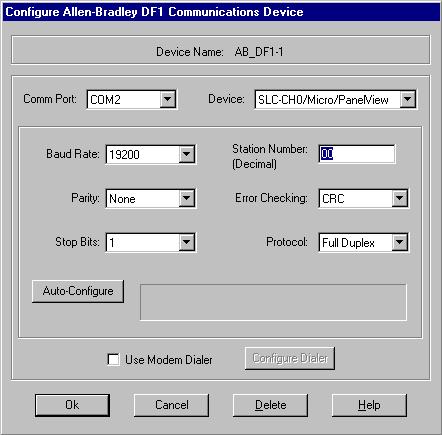 Configuring the SLC 500 Processor s Communication Channels Using a DF1 Driver F-3 The Configure Allen-Bradley DF1 Communications Device window will open. 5. Select the serial communications port on your computer that you wish to use (e.