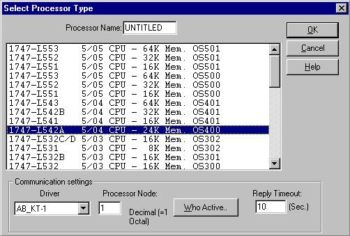 Creating and Running the Example Application Program 6-3 The Select Processor Type window will open. 3. Select your Processor Type from the list (e.g., 1747-L542A) and click on OK. 4.