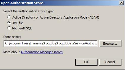 On the Open Authorization Store dialog box, make sure that the XML file option is selected under the Select the authorization store type section.