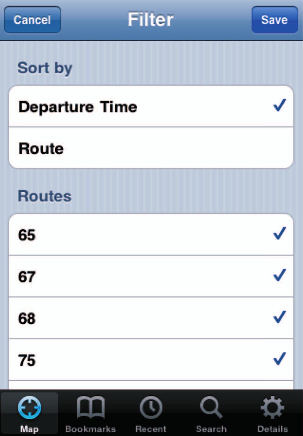 Location-Based Services Figure 3. Filter. Users can set the sort order of arrival results on a per-stop basis. Figure 4. Search. Users can find information for route, address, and stop number.