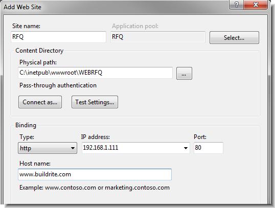 8. In the To Database list, select WEBRFQ, and then click OK. Add a Web Site to IIS 1. Open the Control Panel, click System and Security, and then click Administrative Tools. 2.