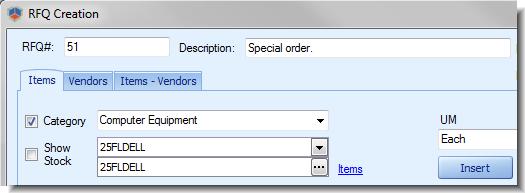 3. In the RFQ Creation window, click the Category check box, and then select your item s category from the adjacent list.