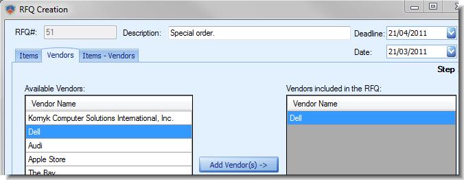 2. Under Available Vendors, click the vendor you want to include in your RFQ, and then click Add Vendor(s). Select your vendor, and then click Add Vendor(s) to include the vendor in your RFQ.