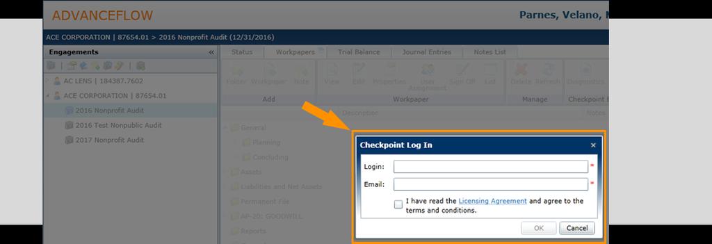 ) In the Checkpoint Log In dialog box, enter your Checkpoint username and your email address for that username in the fields as prompted.