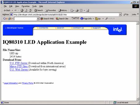 Initiation of GNU Debugger in Windows 2000 Click on the IQ80310 LED Application Example and select the download site. Figure 15.