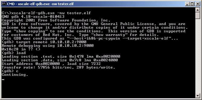 Initiation of GNU Debugger in Windows 2000 Figure 20. CMD Window (load tester.elf Screen) To stop the tester.elf file, hit Ctrl-Break and type: quit to exit GBD.