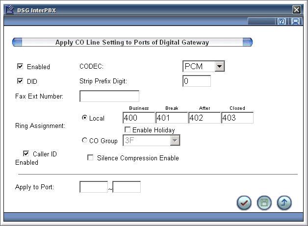 Chapter 3 Settings on InterPBX System 23 2. Apply or change the settings as you desire. 3. Enter in the field Apply to Port the first and the last port you would like to be identical to the present settings.