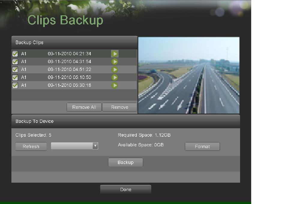 Figure 40 Clips Backup Menu 2. If video clips were successfully saved to the HDD using the Playback Interface, they will be listed under the Backup Clips heading on the left hand side of the menu.