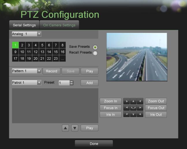 Figure 47 PTZ Configuration 3. Select the camera to test in the camera drop down menu. 4. Using the Directional buttons and other PTZ control buttons (Zoom In/Out, Focus In/Out, Iris In/Out), test the functionality of the PTZ camera.
