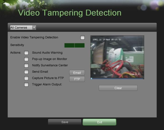 Figure 58 Video Tampering Detection Menu 2. Select the camera to setup video tampering detection in using the camera drop down menu on the upper left of the menu.