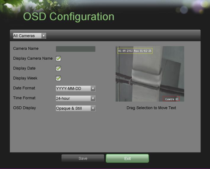 Configuring OSD Settings On Screen Display (OSD) settings can be configured in the OSD Configuration menu. The OSD is shown in each display in Live Feed and Playback mode.