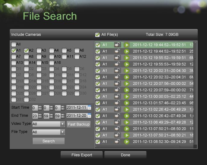 Figure 66 File Search Menu 2. Select the cameras that you would like to include in the search. Analog cameras are listed on the first row, preceded with the letter A.