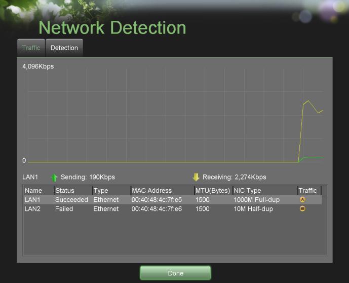 Network detection You can view the network traffic to obtain real-time information and connecting status of your DVR, shown in Figure 74.
