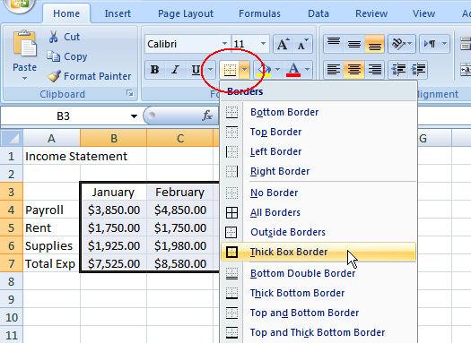 Add Borders You can add borders to enhance the appearance of your worksheet. 1. Select the cells you want to display borders. 2.