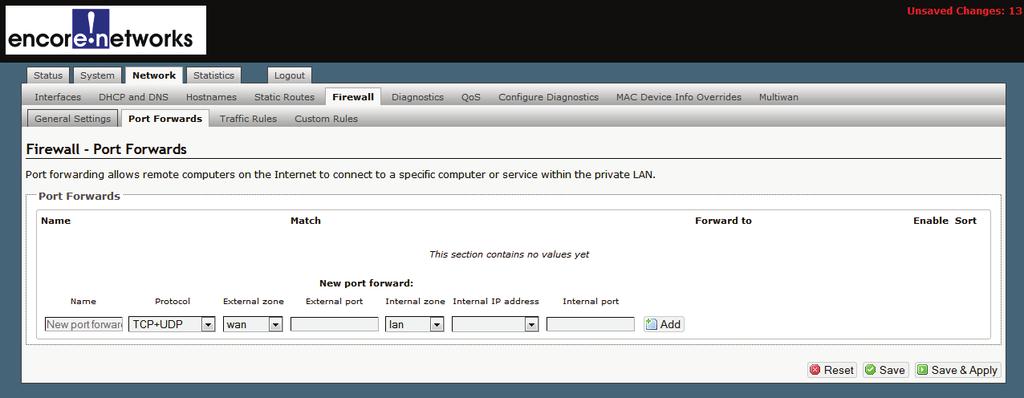 Then select the tab for Port Forwards. The Firewall Port Forwards Screen is displayed (Figure 4-33). Figure 4-33.