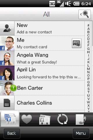 98 Chapter 4 Staying Close Browsing and finding contacts On the People screen, the All tab shows you the complete list of contacts that are stored on your phone and your SIM card.