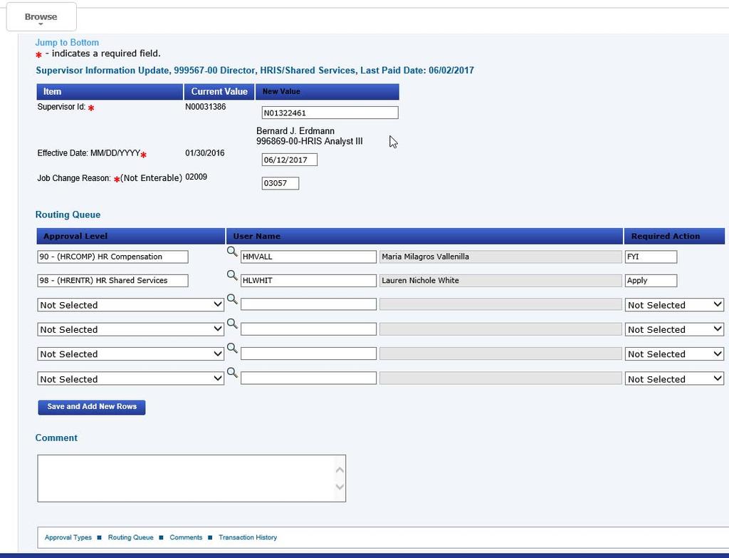19. The page displays the employee s information, and the section Supervisor Information Update is included with the current supervisor s NSU ID displayed in the field Current Value.