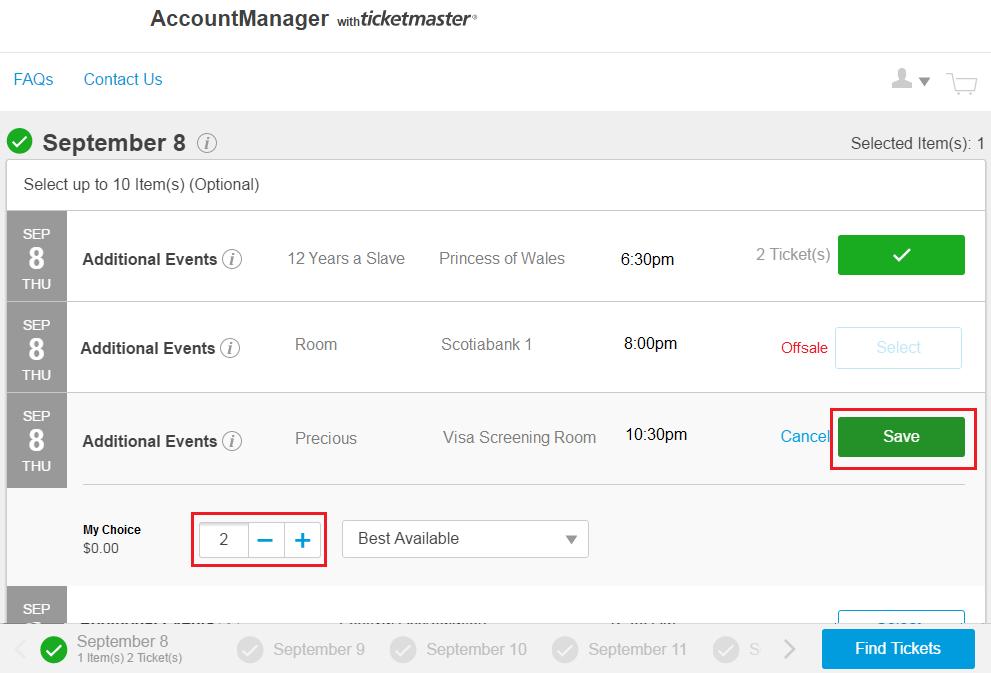 A dropdown will appear for you to select your ticket quantity (up to 4 per screening).