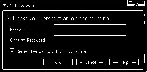 these steps to set a password for the terminal. 1. From the terminal toolbar, click Secure, then click Set Password. 2. Enter the new password in the Password and Confirm Password fields.