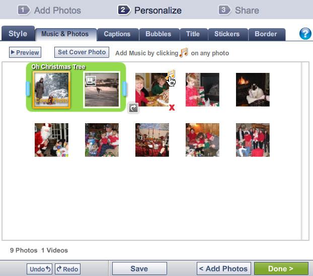 6. Arrange your photos. Now click on the Music & Photos tab. Here, you ll see all your photos in the order they will appear, together with any backing music.