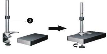 3. Depending on the type of mount you are using, do one of the following: Desk clamp: Place the desk clamp (3) opening