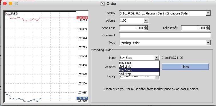 In the Pending Order Sub Window, select either Buy Limit or Sell Limit or Buy Stop or Sell Stop under Type. 6.
