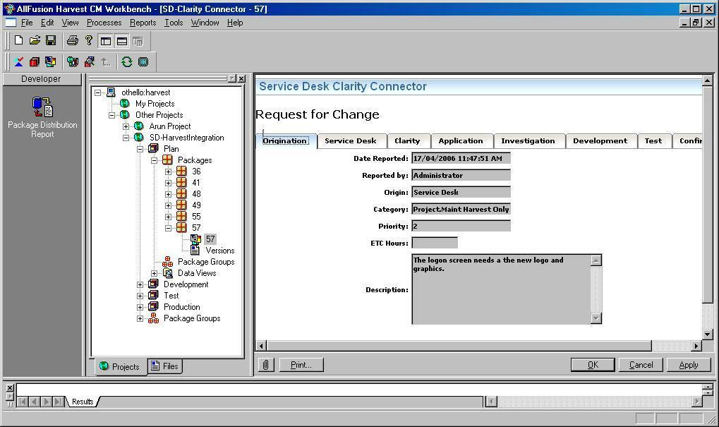 How Service Desk to Harvest User Tasks are Integrated The Origination tab on the Service Desk Clarity Connector Request for Change form contains data that was transferred from the Service Desk change