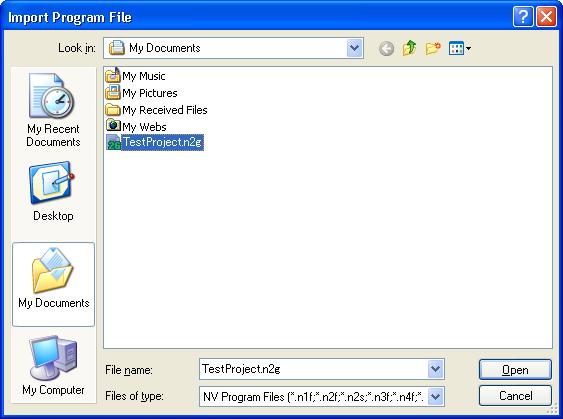 A context menu will open. 2. Click Import Program File. The Import Program File dialog box will open. 3. Click to select File Type. Select NV Program Files (*.n1f;*.n2f;*.n2s;*.n3f;*.n4f;*.
