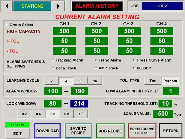 CURRENT ALARM SETTINGS SCREEN This screen (Figure B3) allows the operator to change alarm settings for current job.
