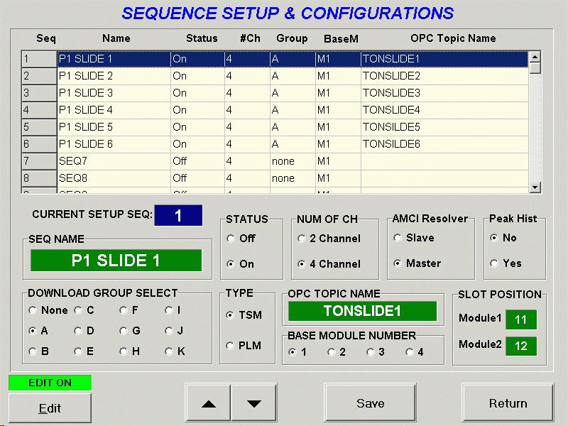 SEQUENCE CONFIGURATION SCREEN From this menu you can view and edit the sequence information. This is useful to add a more meaningful name to a sequence rather than a number.