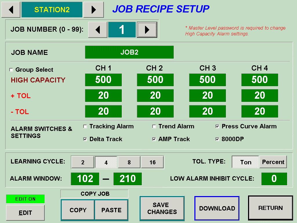 JOB RECIPE SETUP SCREEN The job recipe setup screen (Figure B12) is reached by touching the JOB RECIPE button on the MarinerRS software.