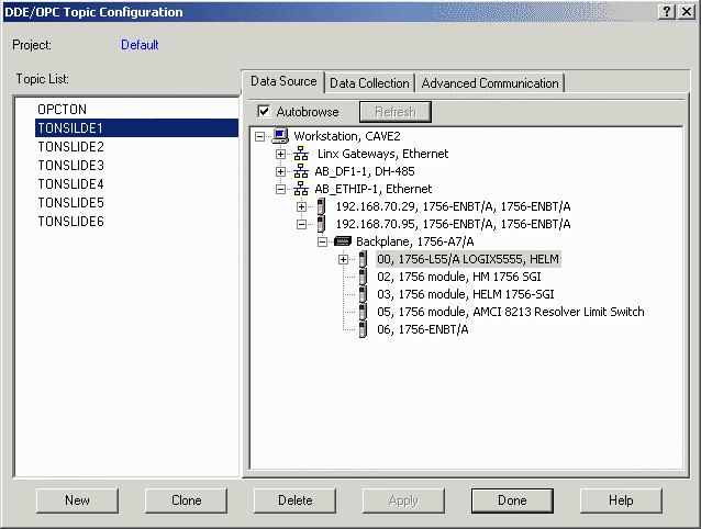 2. Add OPC topics and connect to each ControlLogix processor * You need to create 6 Topics TONSLIDE1 for Rack No.1 TONSLIDE2 for Rack No.2 TONSLIDE3 for Rack No.