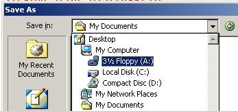 Select the 3 1/2 FLOPPY (A:) icon. Enter a file name and then click on the SAVE button.