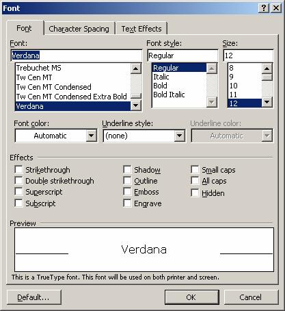 PAGE 36 - ECDL MODULE 3 (USING OFFICE 2003) - MANUAL Using the Font dialog box From the FORMAT menu, choose the FONT command. The FONT dialog box is displayed.